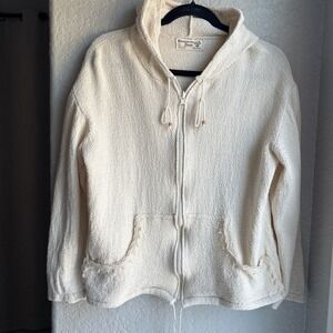 Wandering Sage Womens Cream Textured Knit Cotton Zip Up Hoodie Sweater Large